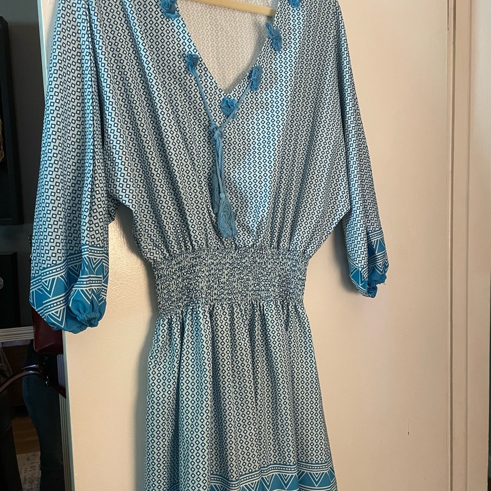 Blue Ruffled Ruched Sundress with Dolman Sleeves